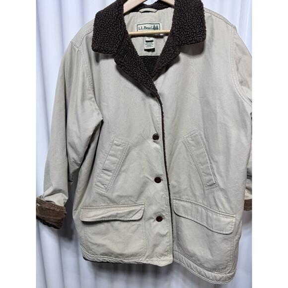 LL Bean Jacket Womens L beige Quilted Lined Field Chore Barn Work Coat Canvas - Picture 4 of 9